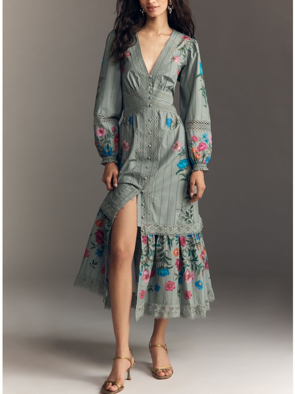 Anthropologie Sage Green Floral Lace-Trim Long Sleeve Dress